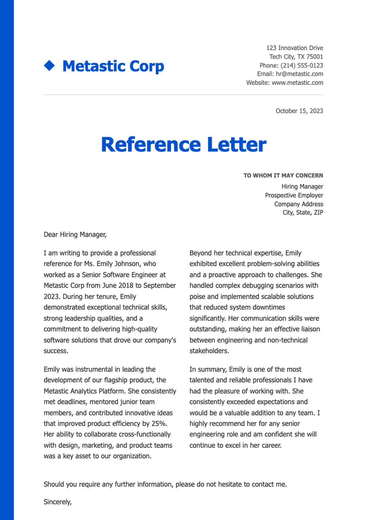 Professional letter of recommendation for system engineer with blue accents and corporate branding_variant_2